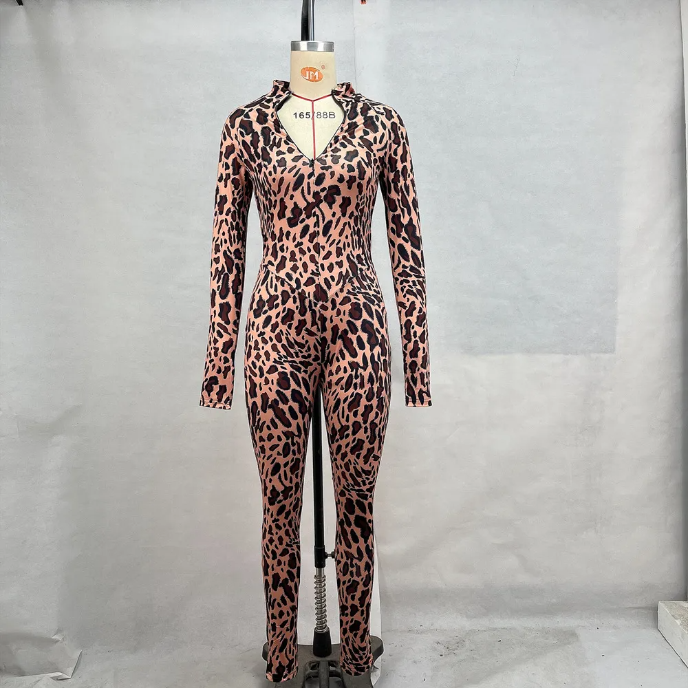 Sexy Leopard Print Long Sleeve Jumpsuit - Stand Collar & Street Style