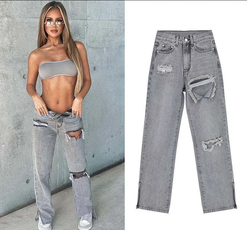 High-Waist Split Ripped Straight Leg Jeans for Women –  Distressed Denim Pants – Street Style Fashion