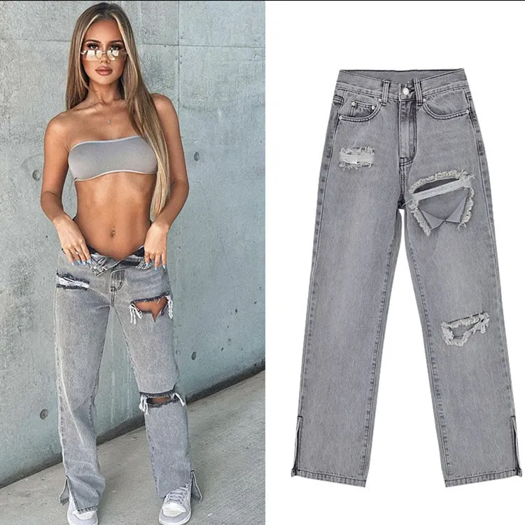 High-Waist Split Ripped Straight Leg Jeans for Women –  Distressed Denim Pants – Street Style Fashion