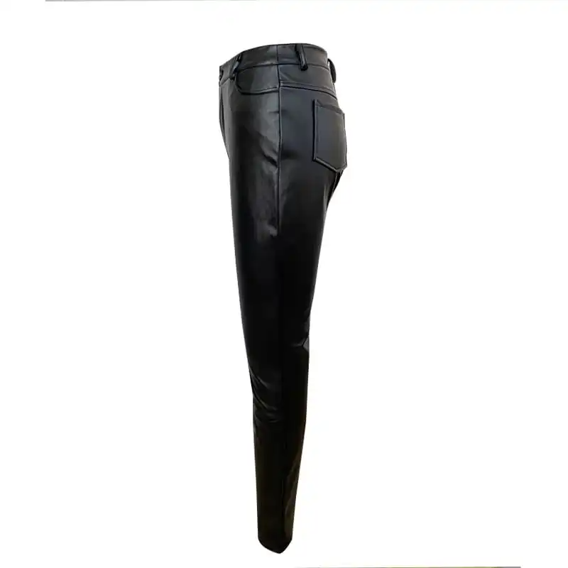 High-Waist PU Leather Pants with Hem Split - Sleek & Sexy