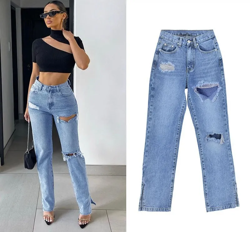 High-Waist Split Ripped Straight Leg Jeans for Women –  Distressed Denim Pants – Street Style Fashion