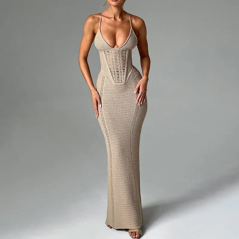 Sexy Backless Lace-Up Knitted Maxi Dress - White & Elegant