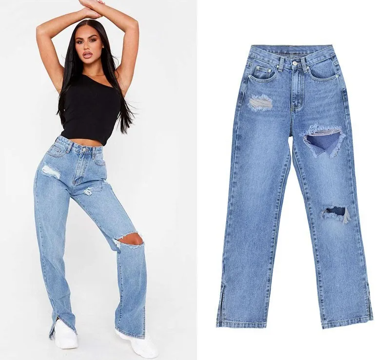 High-Waist Split Ripped Straight Leg Jeans for Women –  Distressed Denim Pants – Street Style Fashion