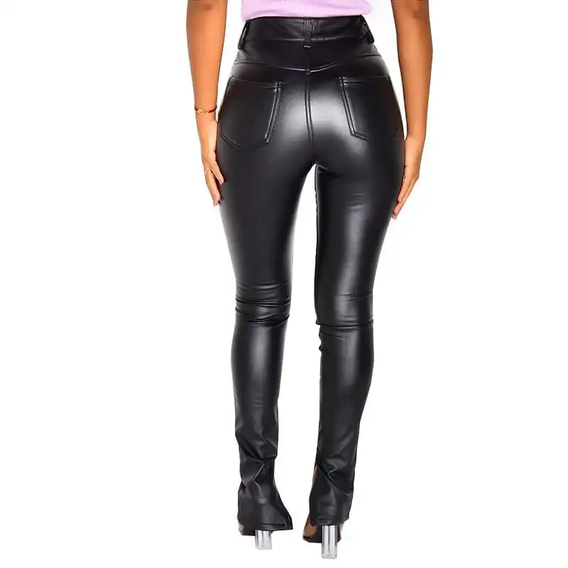 High-Waist PU Leather Pants with Hem Split - Sleek & Sexy