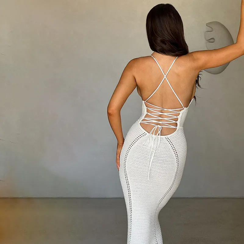 Sexy Backless Lace-Up Knitted Maxi Dress - White & Elegant