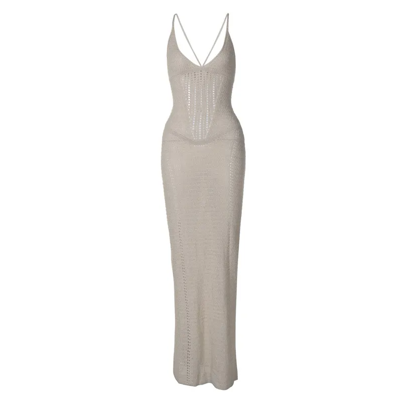 Sexy Backless Lace-Up Knitted Maxi Dress - White & Elegant